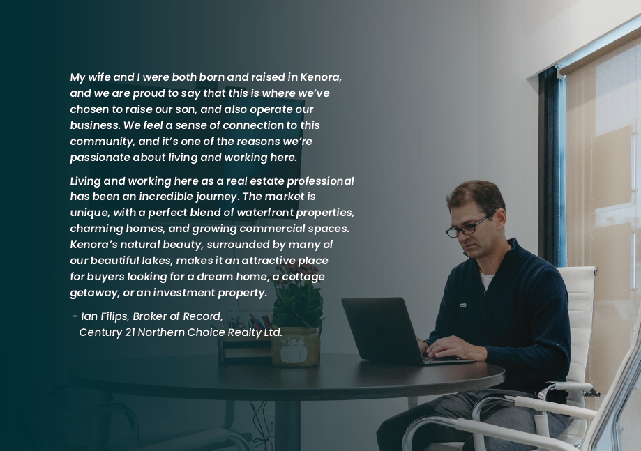 Man sitting at at desk with text