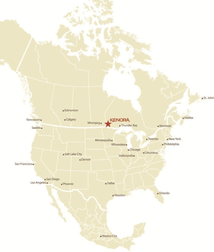 map of north America showing location of Kenora Ontario