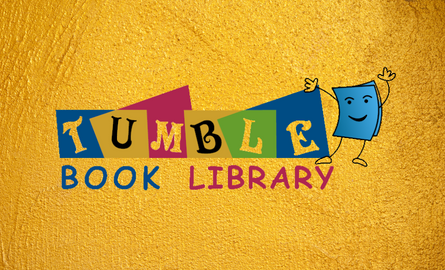 Colourful "Tumble Book Library" with a book mascot