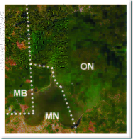 Satellite view of watershed boundaries in Ontario, Manitoba and Minnesota
