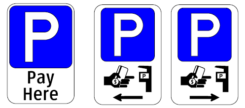 Blue background with a white letter P signs directing customers to kiosks to pay for parking.