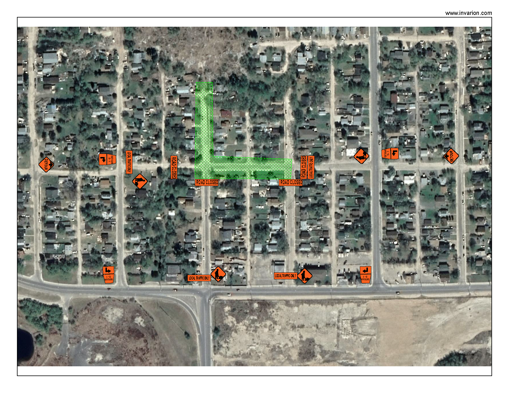 Aerial view of road closure and projec area