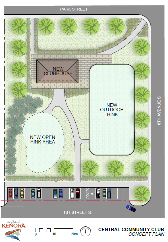 Concept plan of outdoor rink, clubhouse, open rink, pathways and trees