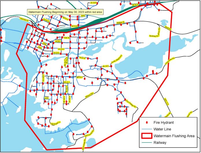 Map showing streets and fire hydrants affected by flushing program.