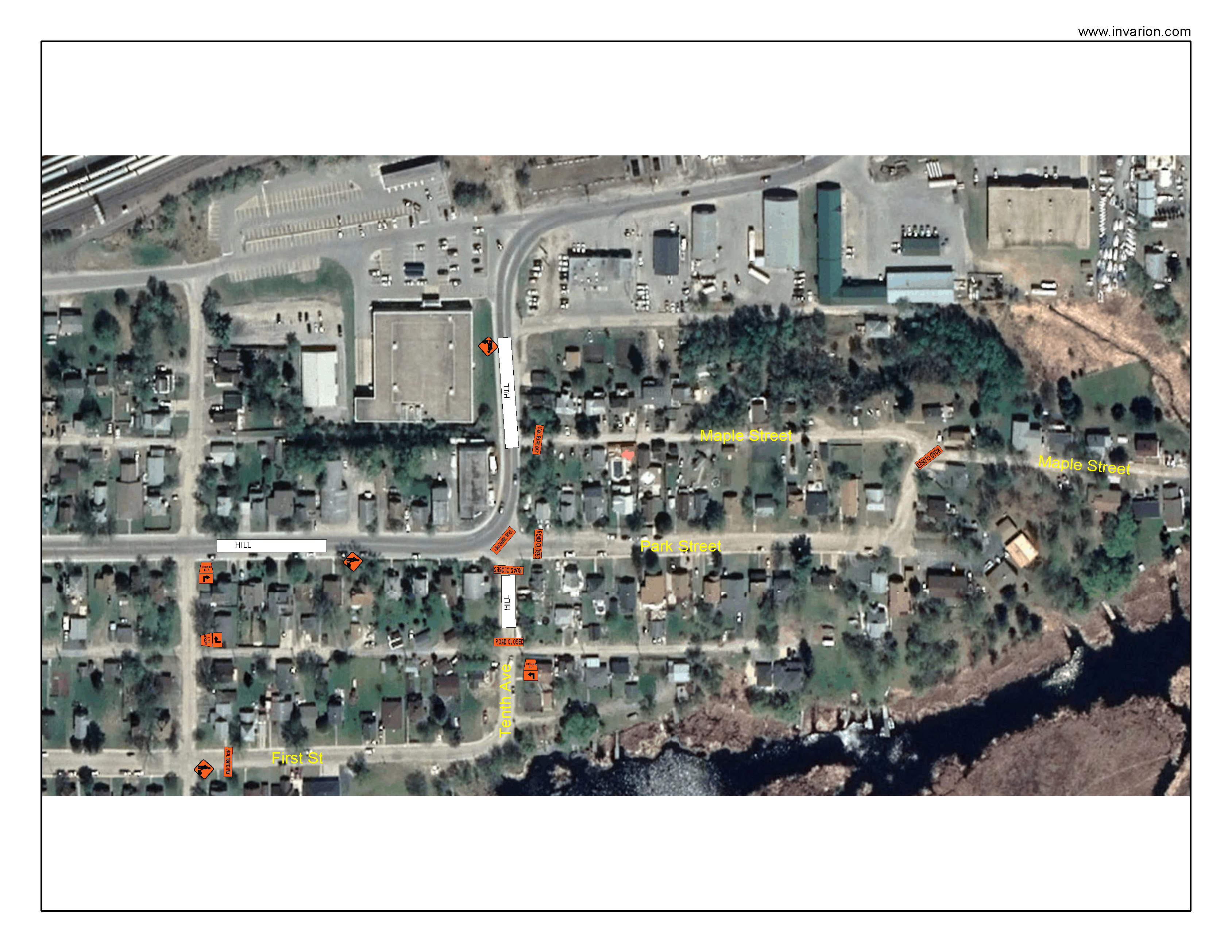 Aerial view of detour and road closure area