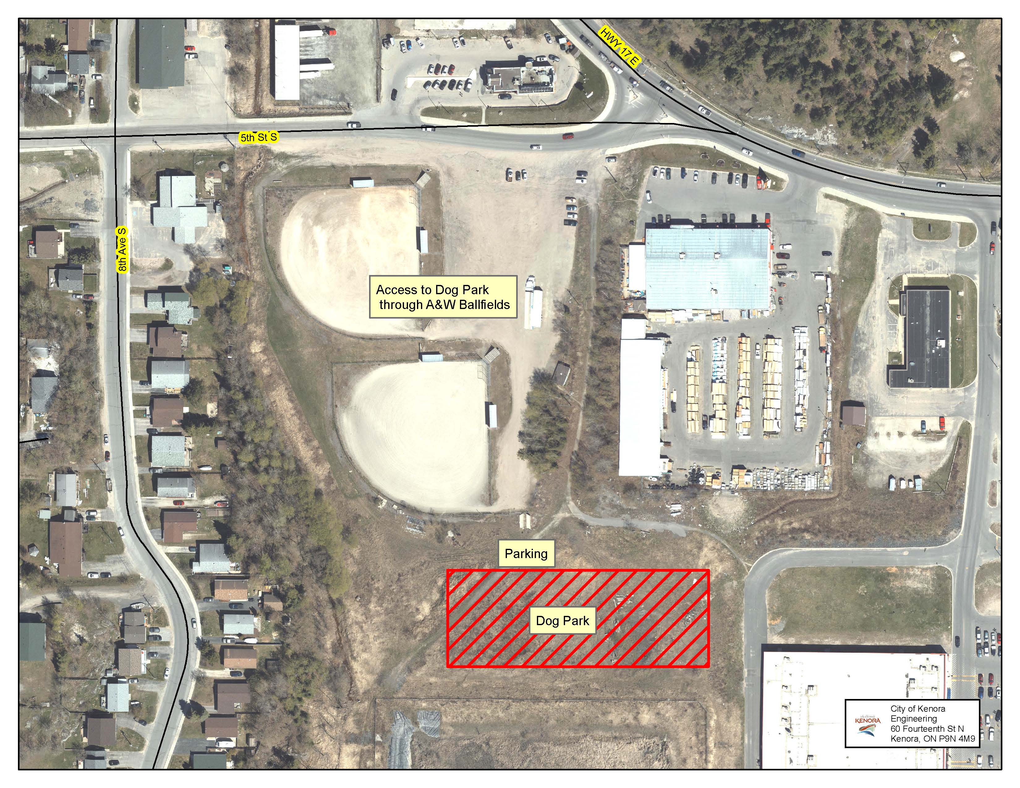 aerial view of the dog park location on Fifth Street South