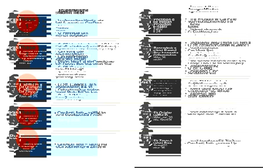 Timeline graphic showing engagement milestones, phases in red dots, milestones in blue rectangles.