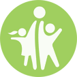 Circle icon of child holding a balloon in white, background is bright green