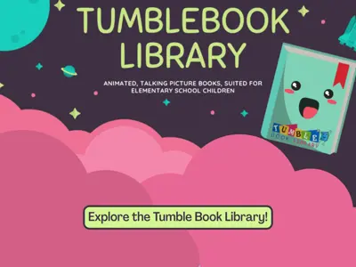 A turquoise book with the Tumble Books logo floats in space, with pink clouds.