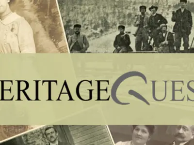 Heritage Quest logo with war pictures in background.