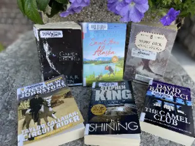 Paperbacks laid out on a table.