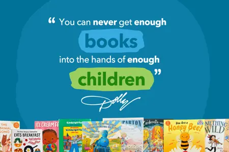A blue background with various Children's books lining the bottom of the frame.