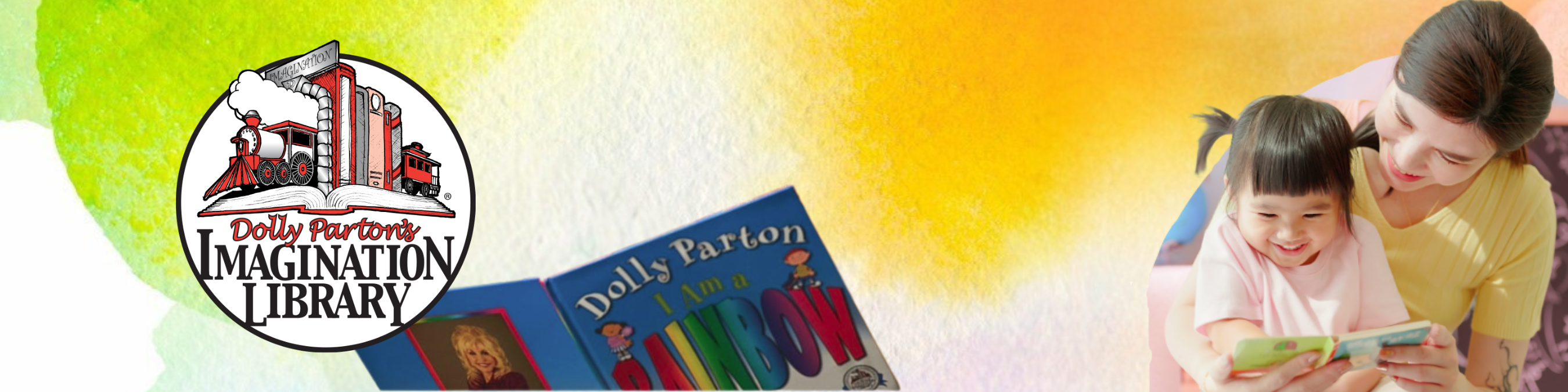 A vibrantly coloured banner with the Dolly Parton Imagination Library logo and a mother and child reading together.