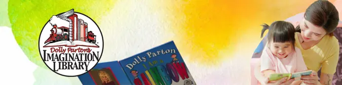 A vibrantly coloured banner with the Dolly Parton Imagination Library logo and a mother and child reading together.