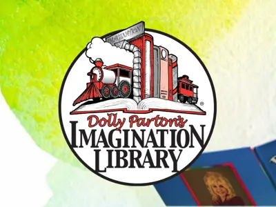 A vibrantly coloured banner with the Dolly Parton Imagination Library logo and a mother and child reading together.