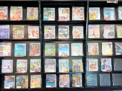 Magazines on a black rack.