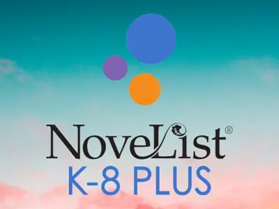Blue sky with pink clouds at the bottom and the Novelist K-8 logo.