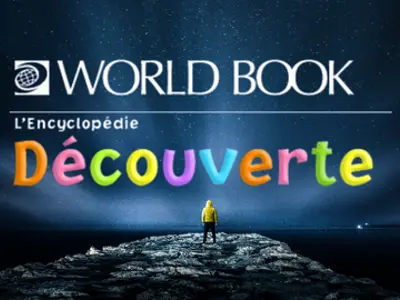 World book Decouverte logo with person standing on a rock looking the night sky.