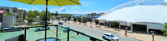 View from the Library's balcony, overlooking the Jarnel Contracting Pavilion.